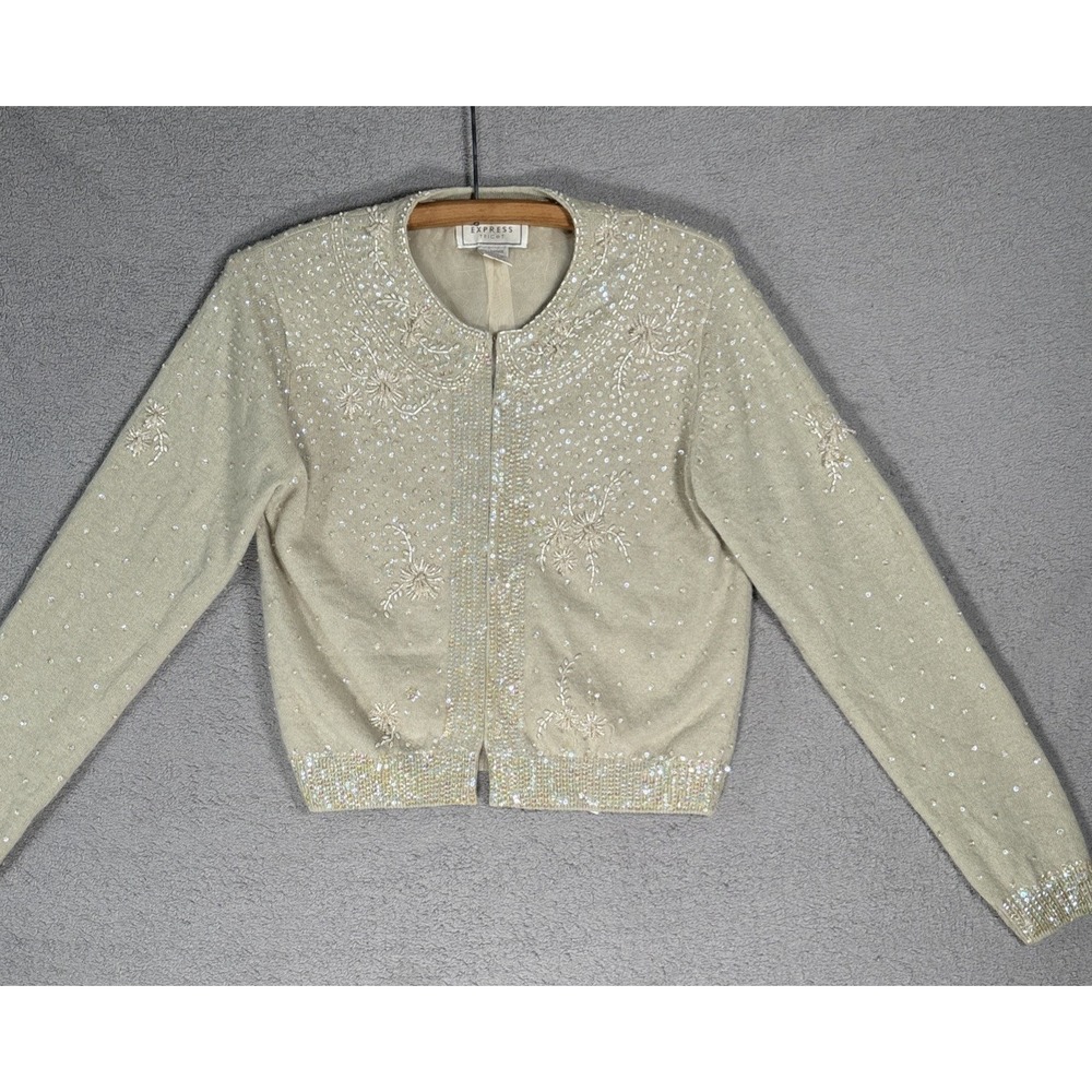 Express Tricot Vintage 90s Beaded Angora Lambswool Cardigan Champagne XS Floral
